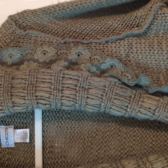 Chico's sweater beautiful khaki green with lace trim around collar - Picture 3 of 5